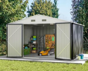 greesum outdoor storage shed 10ft x 8ft, steel utility tool shed storage house with door & lock, metal sheds outdoor storage for backyard garden patio lawn, gray