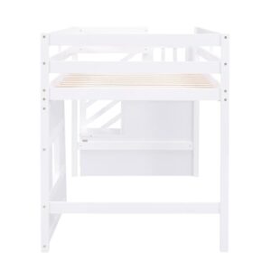 BOVZA Twin Size Low Loft Bed with Storage Staircase and Window, Wooden Low Loft Bed Frame with Stairs Storage for Kids, Teens, Boys, Girls, White