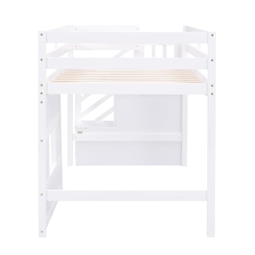 BOVZA Twin Size Low Loft Bed with Storage Staircase and Window, Wooden Low Loft Bed Frame with Stairs Storage for Kids, Teens, Boys, Girls, White