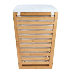 Household Essentials Slatted Natural Bamboo Hamper with Cushioned Lid and Removable Cotton Bag, Natural