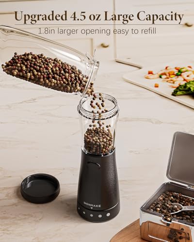 Electric Salt and Pepper Grinder Set with 4.5oz Large Capacity, Stainless Steel Rechargeable Salt and Pepper Grinder with 1.8" Wide Mouth, Storage Base,Adjustable Coarseness, and One-Hand Operation