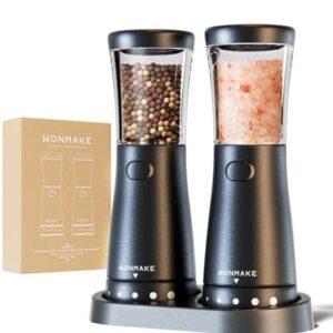 Electric Salt and Pepper Grinder Set with 4.5oz Large Capacity, Stainless Steel Rechargeable Salt and Pepper Grinder with 1.8" Wide Mouth, Storage Base,Adjustable Coarseness, and One-Hand Operation