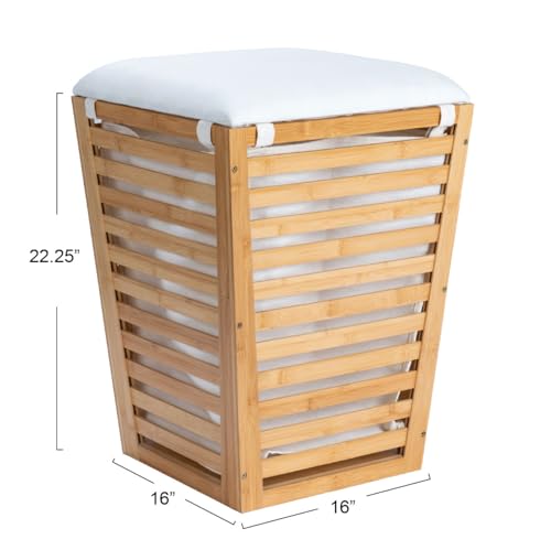 Household Essentials Slatted Natural Bamboo Hamper with Cushioned Lid and Removable Cotton Bag, Natural