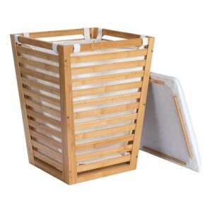 Household Essentials Slatted Natural Bamboo Hamper with Cushioned Lid and Removable Cotton Bag, Natural