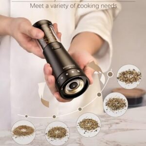 Electric Salt and Pepper Grinder Set with 4.5oz Large Capacity, Stainless Steel Rechargeable Salt and Pepper Grinder with 1.8" Wide Mouth, Storage Base,Adjustable Coarseness, and One-Hand Operation