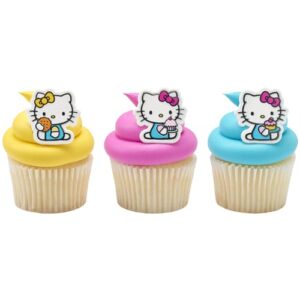 decopac hello kitty® rings, cupcake decorations featuring hello kitty and mimmy, pink and yellow - 24 pack