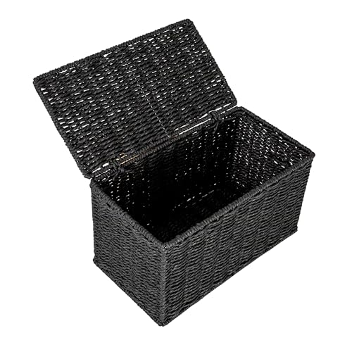 Household Essentials Small Handwoven Paper Rope Wicker Basket with Lid, Black