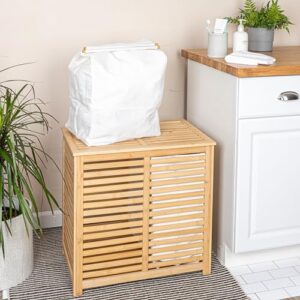 Household Essentials Bamboo and Cotton Double Laundry Sorter with Lid and Removable Cotton Bags, Natural