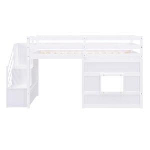 BOVZA Twin Size Low Loft Bed with Storage Staircase and Window, Wooden Low Loft Bed Frame with Stairs Storage for Kids, Teens, Boys, Girls, White