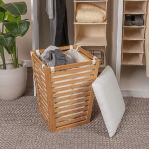 Household Essentials Slatted Natural Bamboo Hamper with Cushioned Lid and Removable Cotton Bag, Natural