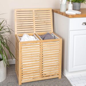 Household Essentials Bamboo and Cotton Double Laundry Sorter with Lid and Removable Cotton Bags, Natural