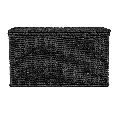 Household Essentials Small Handwoven Paper Rope Wicker Basket with Lid, Black