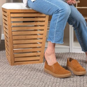 Household Essentials Slatted Natural Bamboo Hamper with Cushioned Lid and Removable Cotton Bag, Natural