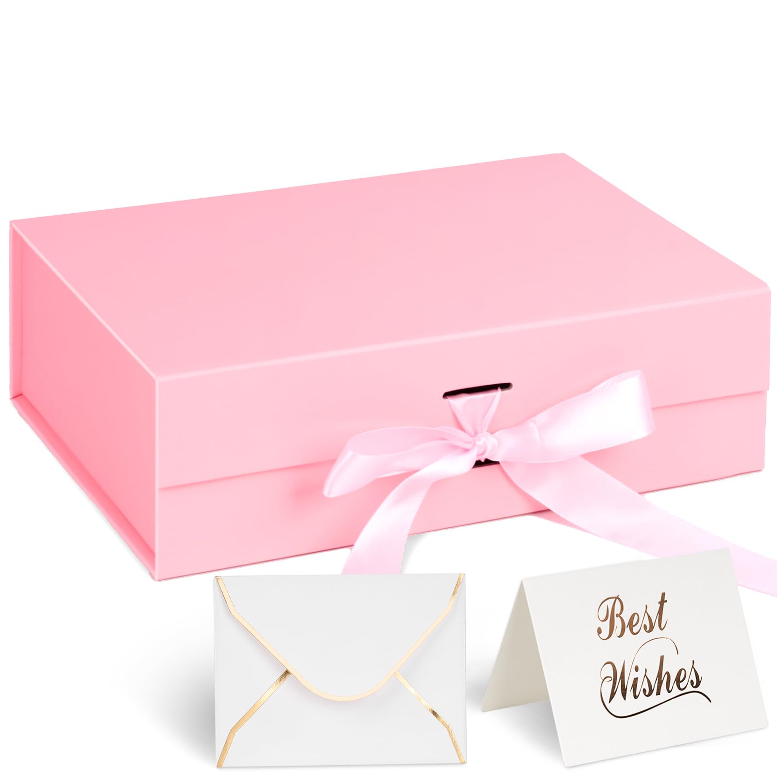 Shindel Pink Gift Box, 10.5x7.5x3.1 Inches Gift Box with Lid for Presents, Magnetic Gift Box with Ribbon, Bridesmaid Box with Lid Greeting Card