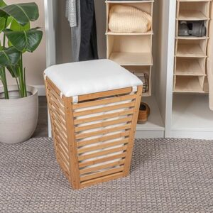 Household Essentials Slatted Natural Bamboo Hamper with Cushioned Lid and Removable Cotton Bag, Natural