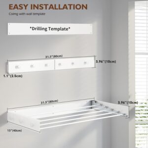 Wall Mounted Drying Rack 31.5", Upgrade 6 Knob Hooks, 5 Aluminum Poles, 40 lb. Load Capacity, Foldable, Retractable, Space Saving Clothes Drying Rack (31.5" White)