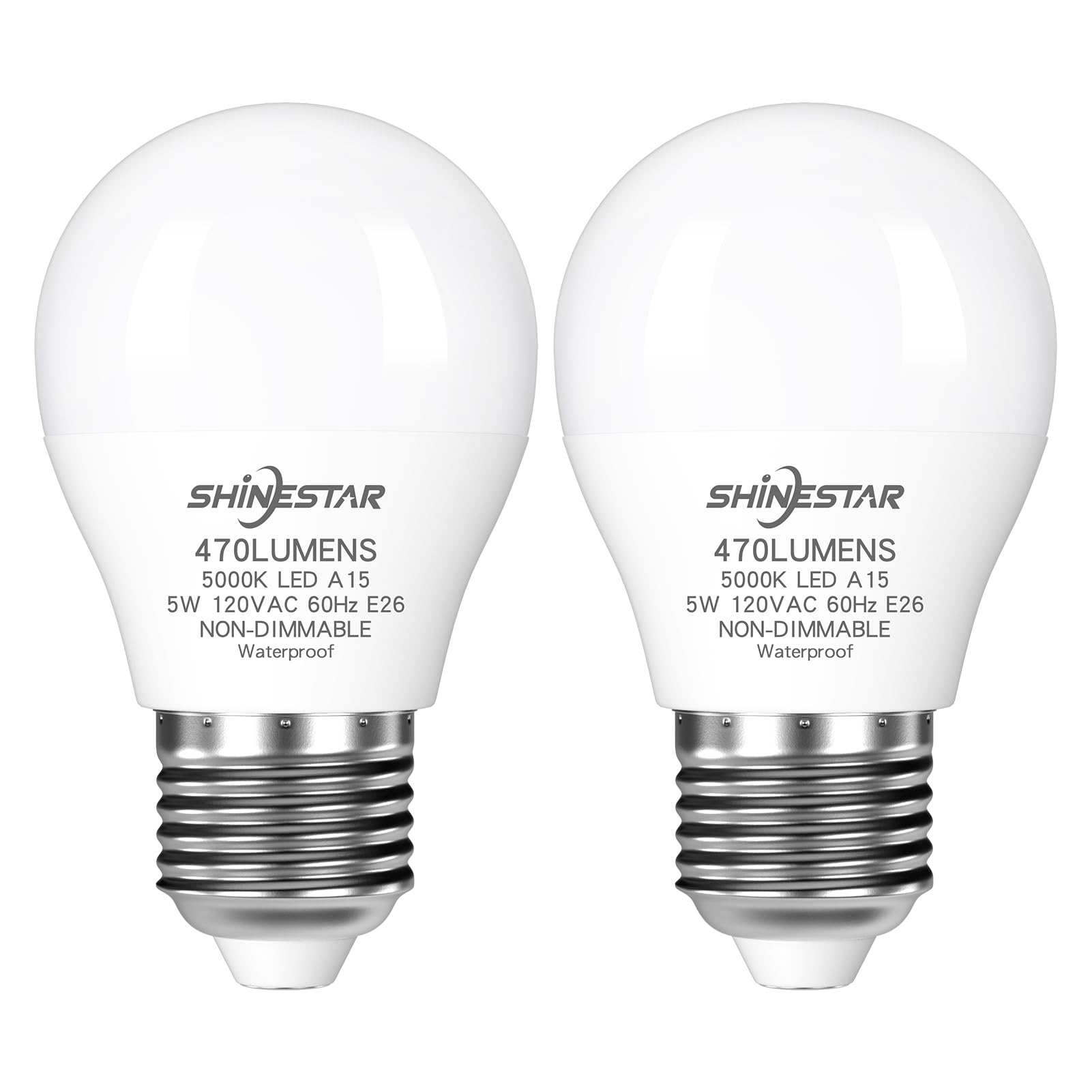 SHINESTAR 2-Pack Refrigerator Light Bulb, 5 Watt (40W Equivalent), Waterproof A15 LED Bulb, Non-dimmable Appliance Bulbs with E26 Base, 5000K Daylight