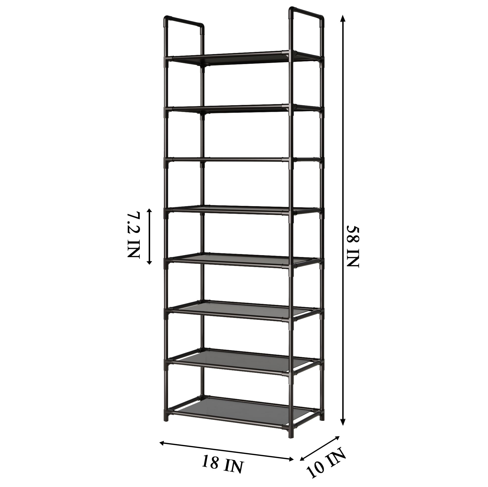 MUAHRCE 8-Tier Tall Shoe Rack for Closet, Entryway, Adjustable Sturdy Durable Shoe Shelf,Narrow Shoe Stand Organizer (18" W×10" D×58" H,Black)