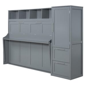 Queen Size Murphy Bed Wall with Closet and Drawers, Gray