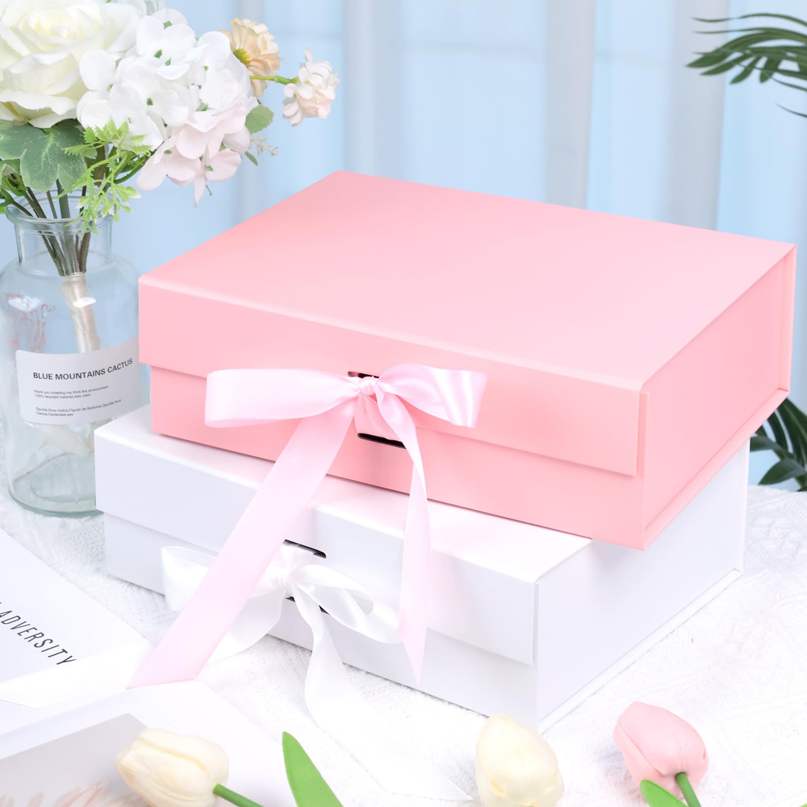 Shindel Pink Gift Box, 10.5x7.5x3.1 Inches Gift Box with Lid for Presents, Magnetic Gift Box with Ribbon, Bridesmaid Box with Lid Greeting Card