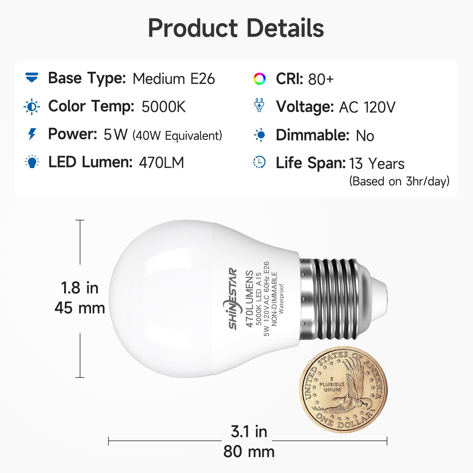 SHINESTAR 2-Pack Refrigerator Light Bulb, 5 Watt (40W Equivalent), Waterproof A15 LED Bulb, Non-dimmable Appliance Bulbs with E26 Base, 5000K Daylight