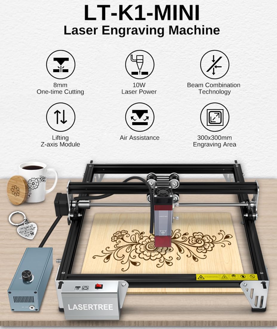 LASER TREE 80W Laser Engraver, 10000mW(10W) Laser Output Laser Engraving Cutter with Air Assist Pump & Magnetic Pad Kit, Built-in FAC, Eye Protection Laser Engraver for Wood Acrylic, Leather, Class 4