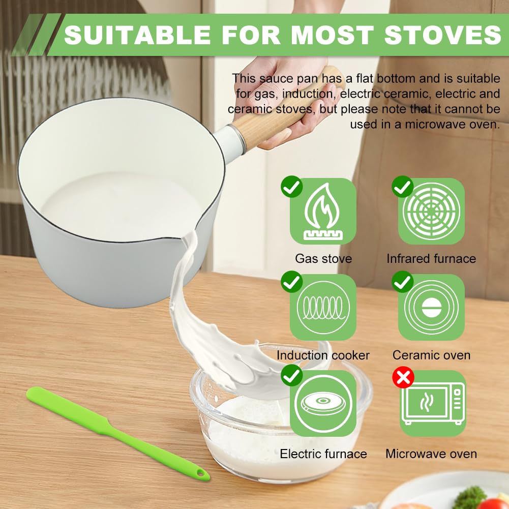 JIANWEI 1L Enamel Milk Pan, Milk Pot Butter Warmer Enamel Saucepan with Silicone Spatula & Pour Spout, Nonstick Enamel Milk Enamel Melting Pot for Induction Electric Gas Stoves(White)