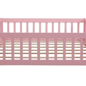 Harper & Bright Designs Full Size Floor Bed Montessori Bed Frame with Fence and Door, Wooden Full Platform Bed for Kids, Boys Girls, Slats Included, No Box Spring Needed (Full, Pink)