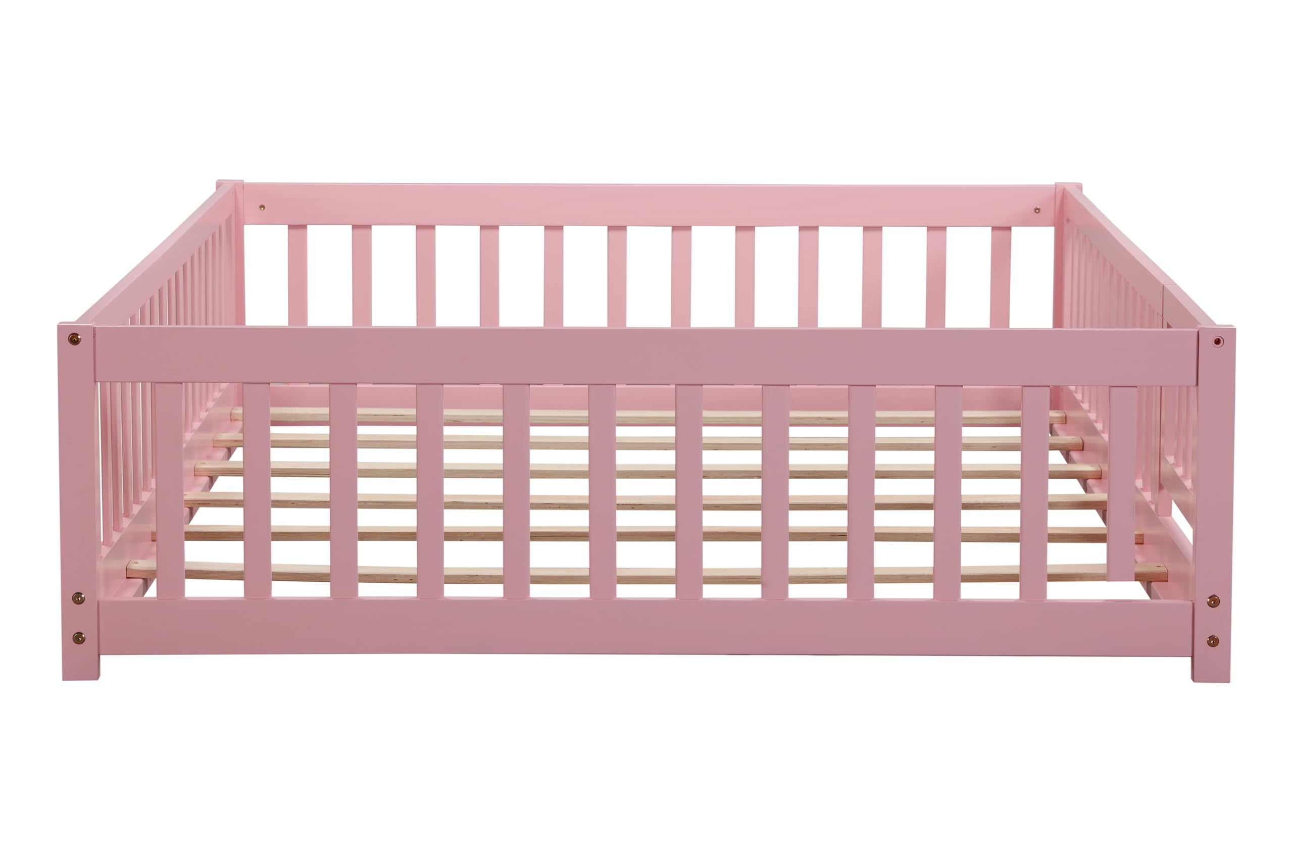 Harper & Bright Designs Full Size Floor Bed Montessori Bed Frame with Fence and Door, Wooden Full Platform Bed for Kids, Boys Girls, Slats Included, No Box Spring Needed (Full, Pink)