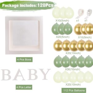 Baby Shower Decorations Boy Girl - 4Pcs Transparent Baby Balloon Boxes and 112Pcs Green White Gold Balloons Arch Kit for Sage Green Baby Shower Decorations, Christening, Gender Reveal Party Supplies