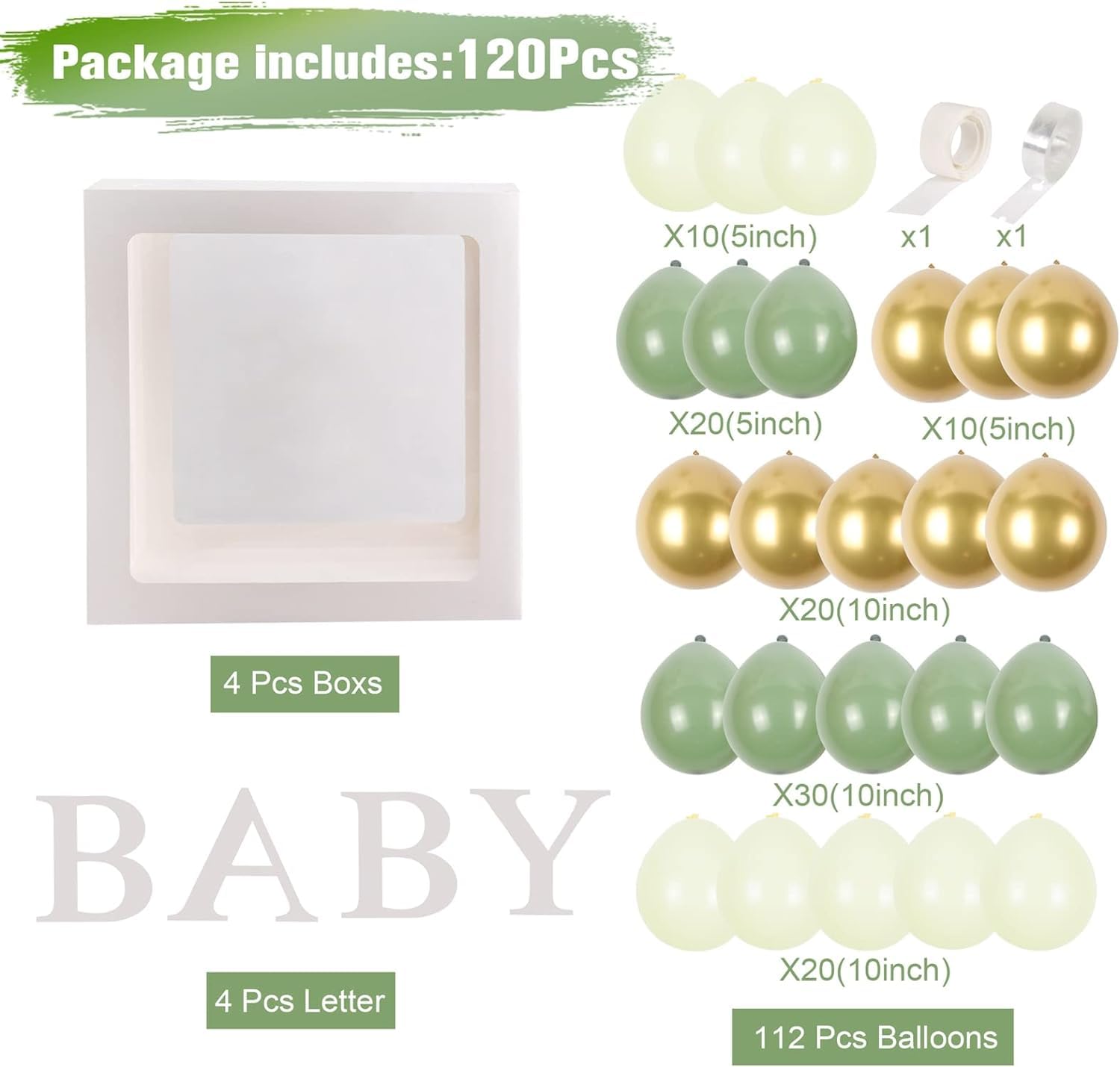 Baby Shower Decorations Boy Girl - 4Pcs Transparent Baby Balloon Boxes and 112Pcs Green White Gold Balloons Arch Kit for Sage Green Baby Shower Decorations, Christening, Gender Reveal Party Supplies