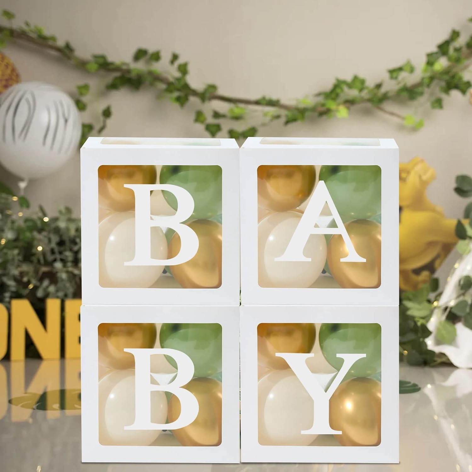 Baby Shower Decorations Boy Girl - 4Pcs Transparent Baby Balloon Boxes and 112Pcs Green White Gold Balloons Arch Kit for Sage Green Baby Shower Decorations, Christening, Gender Reveal Party Supplies