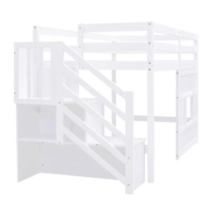 BOVZA Twin Size Low Loft Bed with Storage Staircase and Window, Wooden Low Loft Bed Frame with Stairs Storage for Kids, Teens, Boys, Girls, White