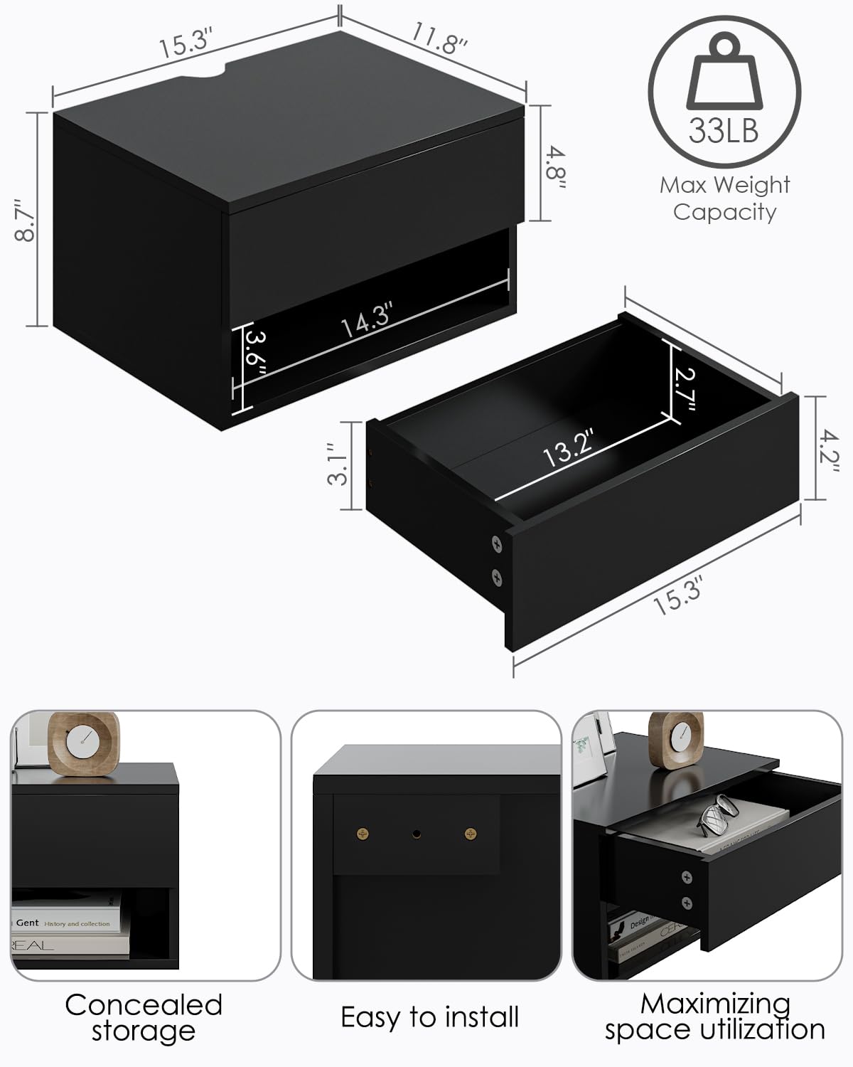 Aienvey Floating Nightstand, Small Modern Floating Nightstand with Drawer, Floating Shelves for Bedroom, Bathroom, Black