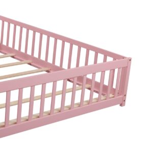 Harper & Bright Designs Full Size Floor Bed Montessori Bed Frame with Fence and Door, Wooden Full Platform Bed for Kids, Boys Girls, Slats Included, No Box Spring Needed (Full, Pink)