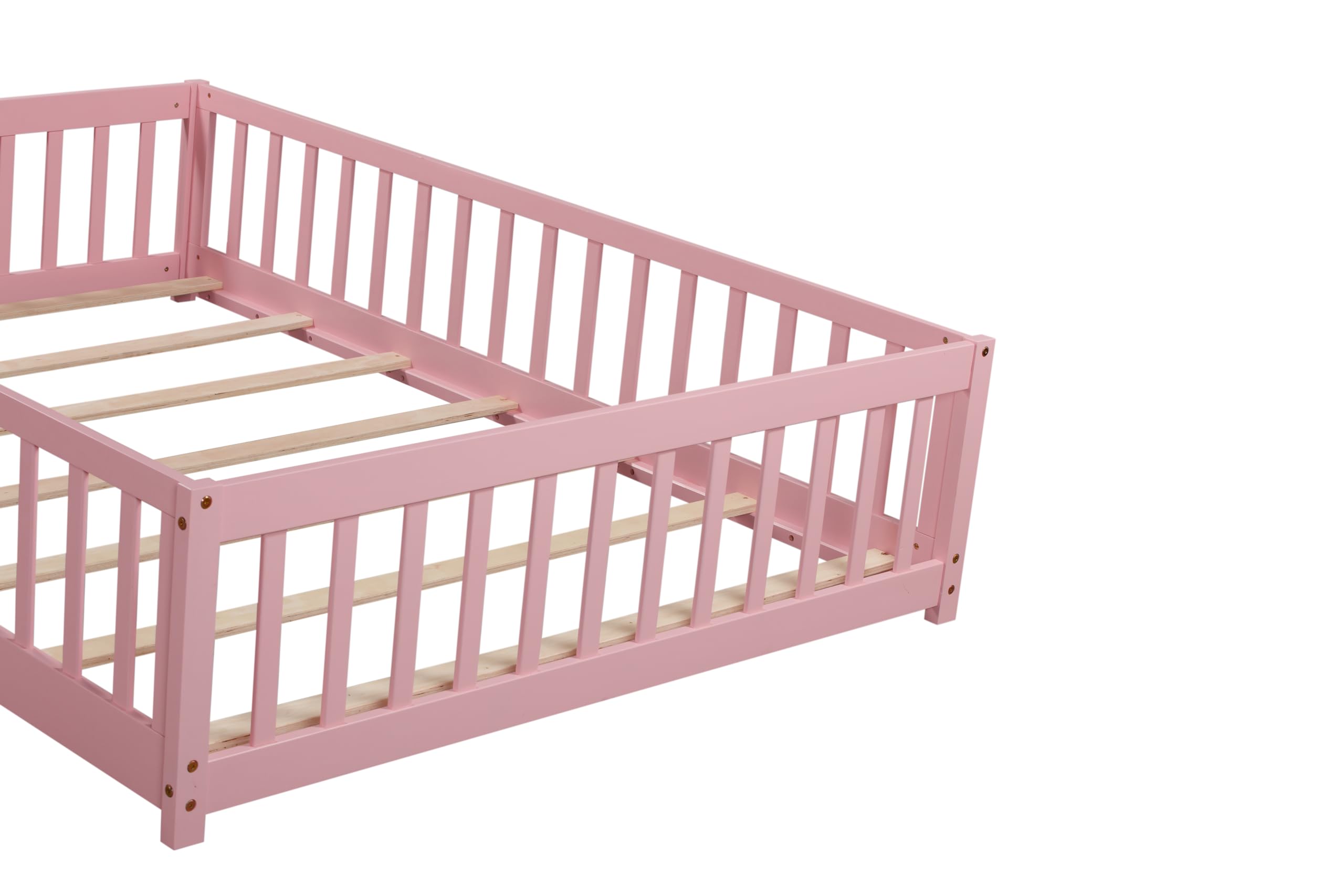 Harper & Bright Designs Full Size Floor Bed Montessori Bed Frame with Fence and Door, Wooden Full Platform Bed for Kids, Boys Girls, Slats Included, No Box Spring Needed (Full, Pink)