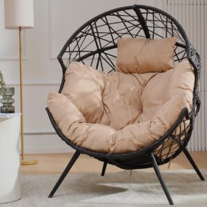 Godappe Egg Chair - Oversized Wicker Egg Basket Chair with Cushion and Stand, All-Weather Egg Dining Chair for Patio, Backyard, Living Room, Porch - Beige