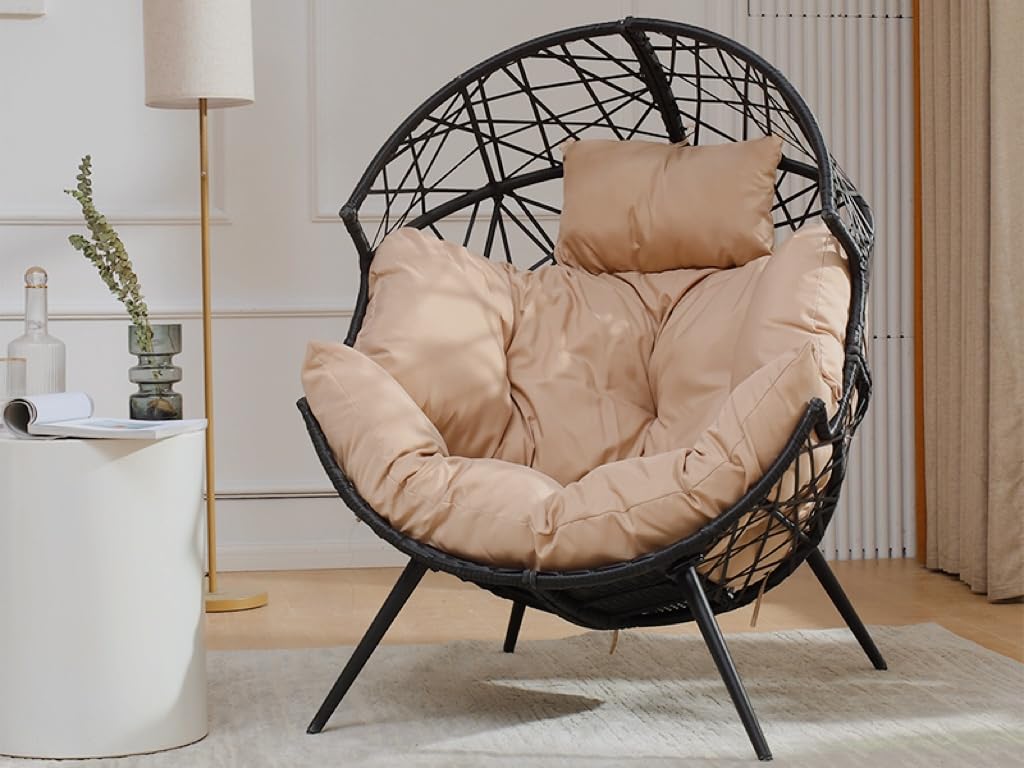 Godappe Egg Chair - Oversized Wicker Egg Basket Chair with Cushion and Stand, All-Weather Egg Dining Chair for Patio, Backyard, Living Room, Porch - Beige