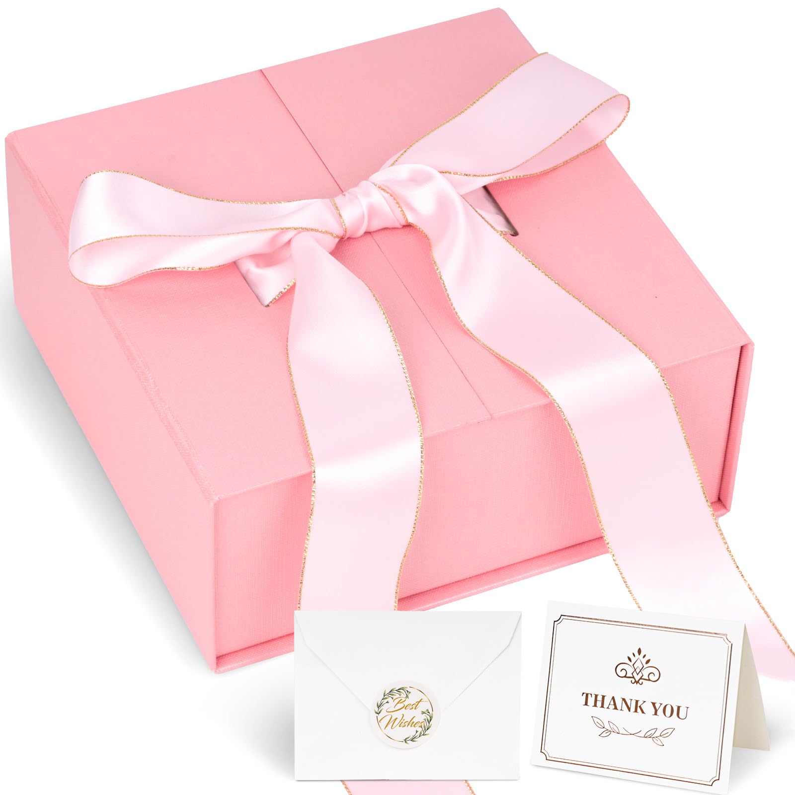 Shindel Gift Boxes With Lids For Presents, 8" x 8" x 3.5' Pink Gift Box, Large Gift Box with Lid Card Ribbon for Weddings Birthdays