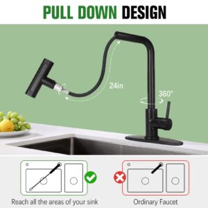 Bietor 4 Mode Kitchen Faucets, Matte Black Kitchen Sink Faucet with Pull-Down Sprayer, Stainless Steel Single Handle Pull Out Sink Faucet 1 or 3 Holes Deck Mount for Laundry, Bar, Rv, Camper