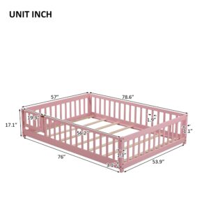 Harper & Bright Designs Full Size Floor Bed Montessori Bed Frame with Fence and Door, Wooden Full Platform Bed for Kids, Boys Girls, Slats Included, No Box Spring Needed (Full, Pink)