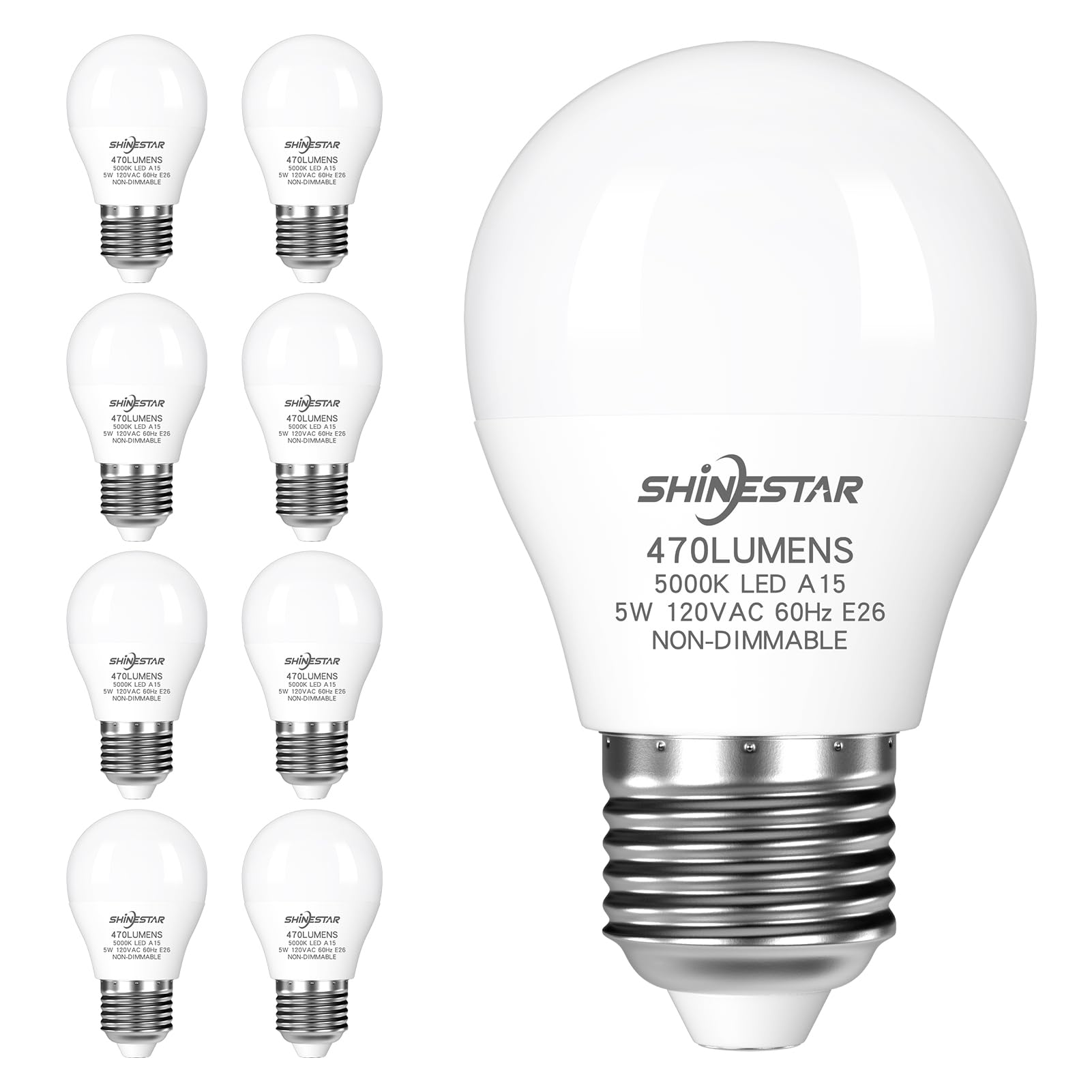 SHINESTAR 8-Pack Ceiling Fan Light Bulbs, 40W Equivalent, 5000K Daylight, A15 LED Bulb with E26 Base, Non-Dimmable