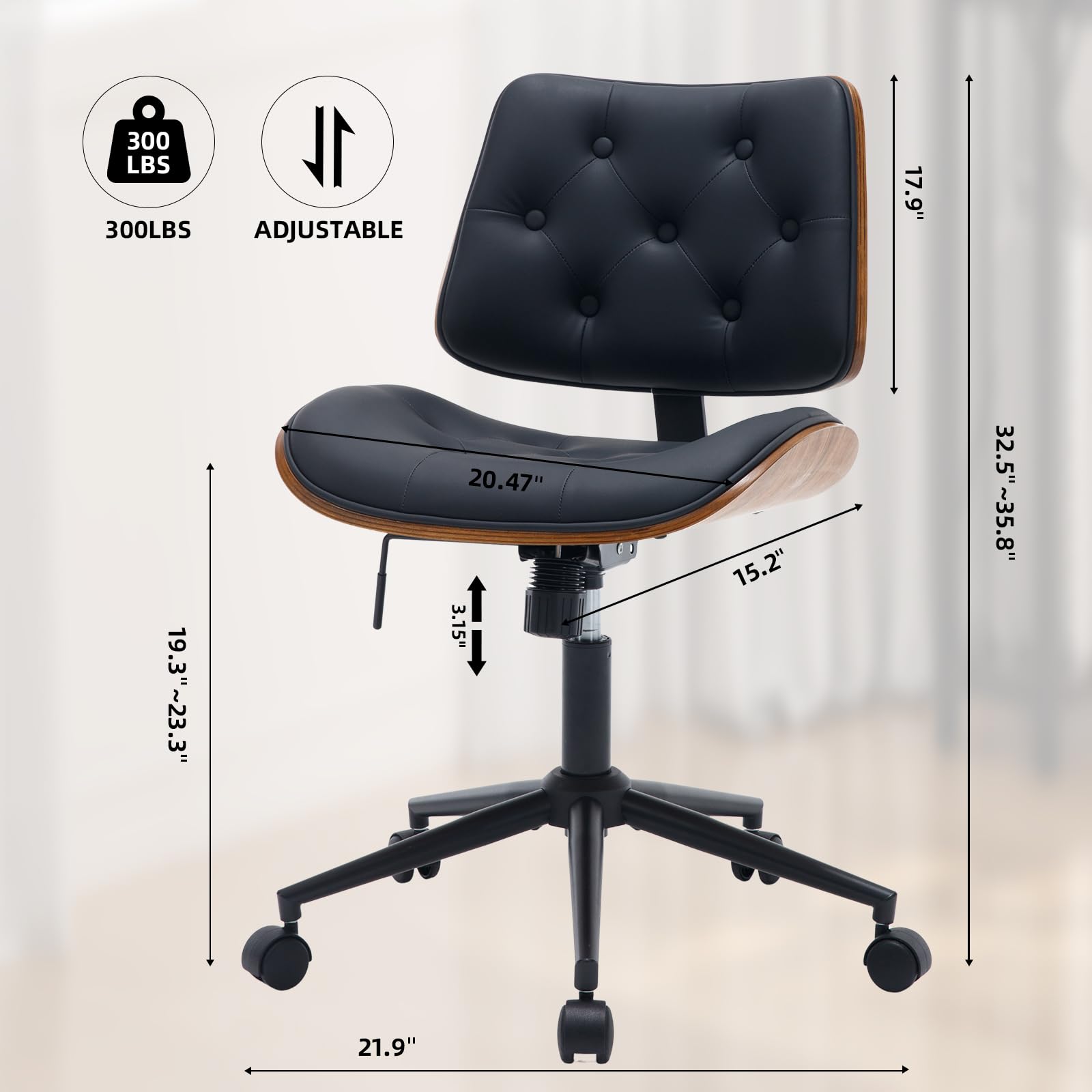 ESTRUCO Armless Home Office Chair Modern Walnut Chair with Wheels Mid Back Swivel Computer Chair No arm Adjustable Height Leather Desk Chair for Reading,Meeting Room (Black)