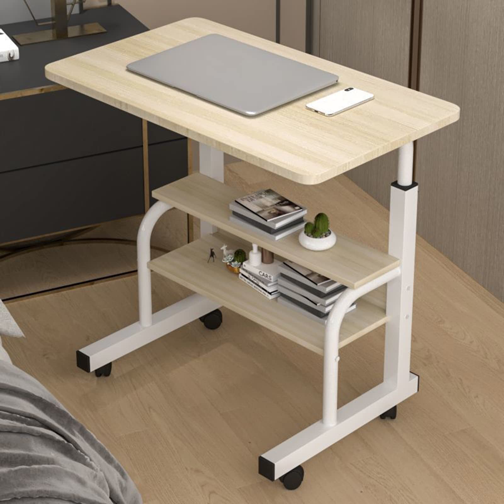 curfair Portable Rolling Laptop Desk Cart, 31.5" Adjustable Laptop Desk Cart Small Standing Desk on Wheel, Mobile Computer Desk Workstation with Shelves, Home Office Desk for Small Space (Beige)