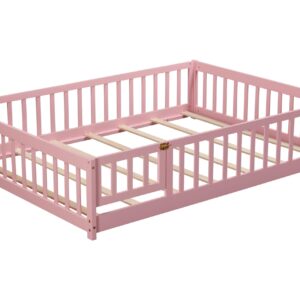 Harper & Bright Designs Full Size Floor Bed Montessori Bed Frame with Fence and Door, Wooden Full Platform Bed for Kids, Boys Girls, Slats Included, No Box Spring Needed (Full, Pink)