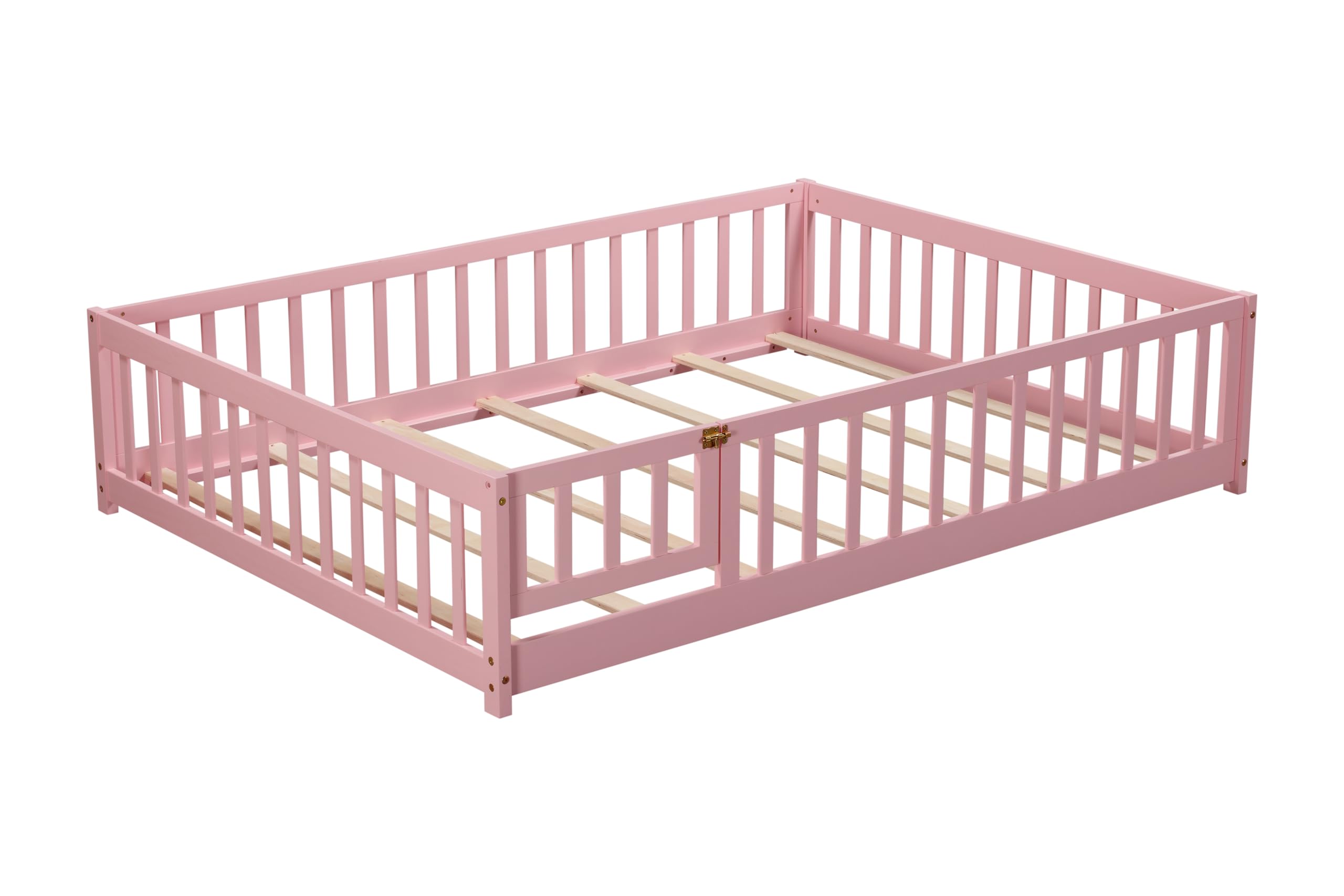 Harper & Bright Designs Full Size Floor Bed Montessori Bed Frame with Fence and Door, Wooden Full Platform Bed for Kids, Boys Girls, Slats Included, No Box Spring Needed (Full, Pink)