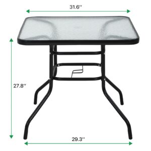 Dkelincs Outdoor Dining Table with Umbrella Hole 31.6" Square Patio Table Outdoor Furniture Garden Table Tempered Glass Patio Bistro Table for Balcony Backyard Lawn and Garden, Black