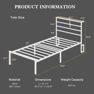 CollaredEagle Twin Size Bed Frame with Headboard, Metal Platform Bed Frame with Charging Station, Heavy Duty Platform Bed Frame with LED, Easy Assembly, White