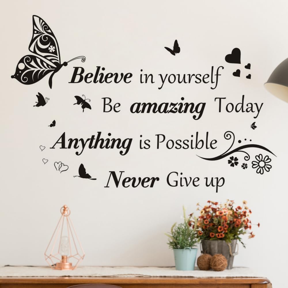 Inspirational Quotes Wall Decals Large Removable Motivational Saying Wall Stickers Positive Lettering Butterfly Sticker for Classroom Home Bedroom Family Office Wall Art Decor