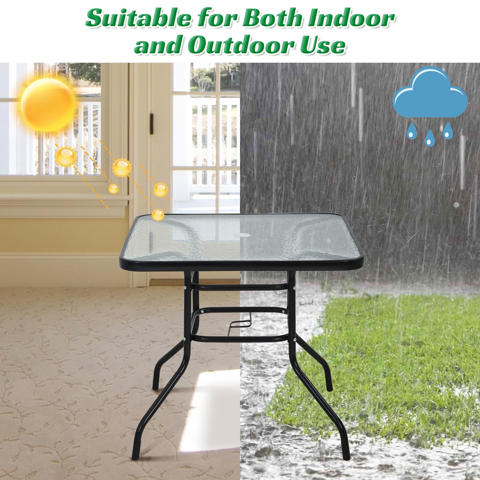 Dkelincs Outdoor Dining Table with Umbrella Hole 31.6" Square Patio Table Outdoor Furniture Garden Table Tempered Glass Patio Bistro Table for Balcony Backyard Lawn and Garden, Black